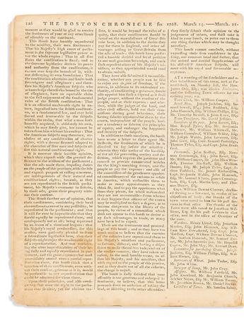 (AMERICAN REVOLUTION--PRELUDE.) Early printing of the Massachusetts Circular Letter which united colonists against the Townshend Acts,